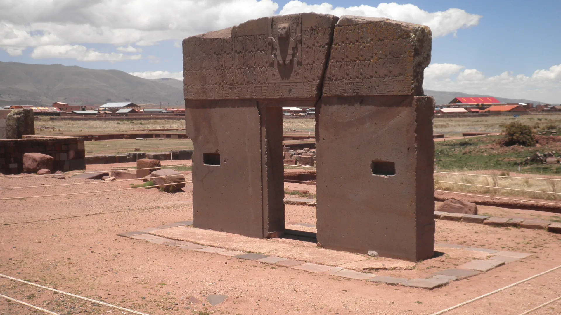 The Gateway of the Sun and stone ruins of Tiwanaku on the Bolivian altiplano