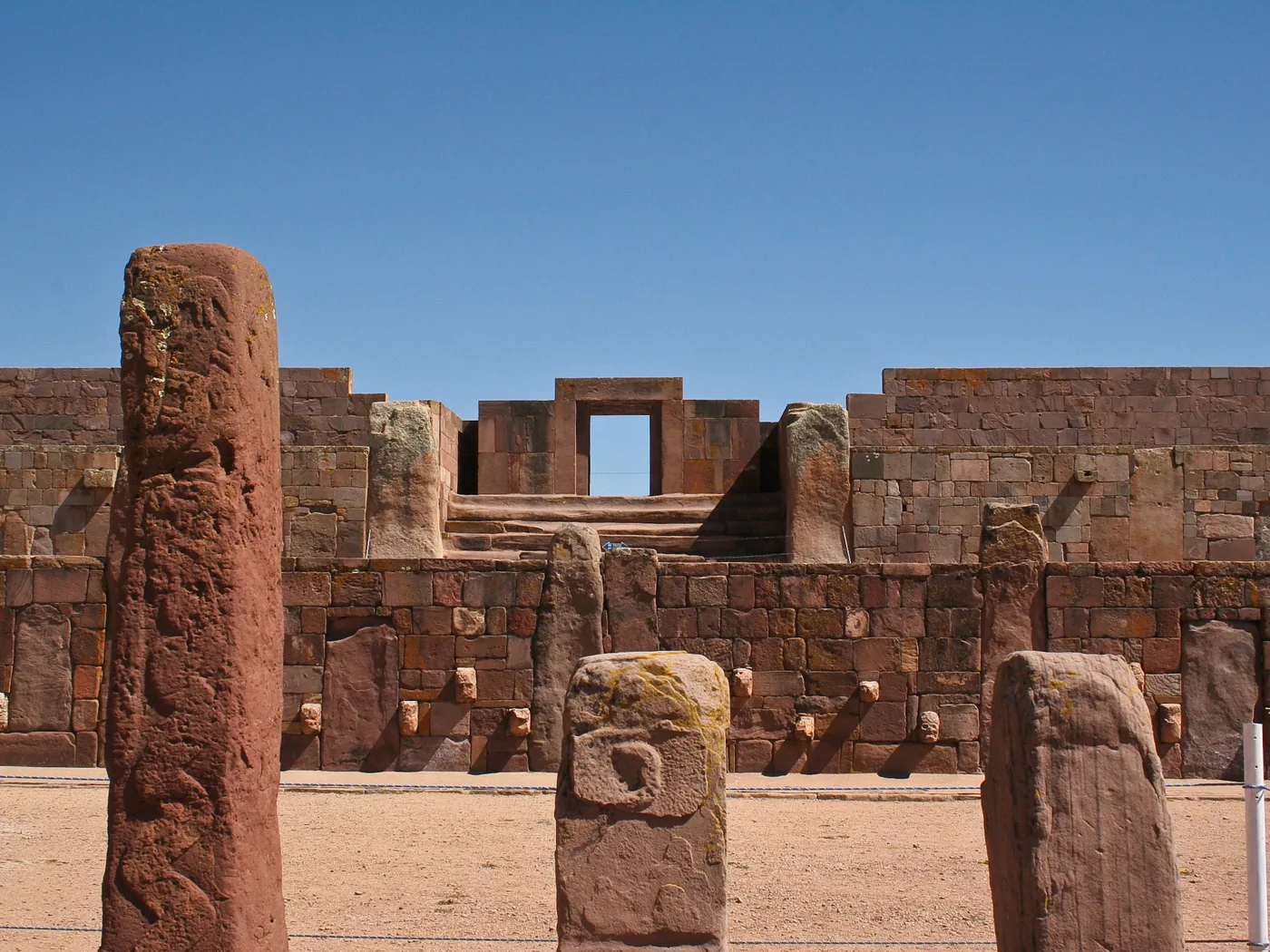 The Kalasasaya temple platform and a standing monolith at Tiwanaku